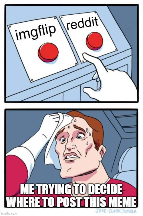 I Made a choice | reddit; imgflip; ME TRYING TO DECIDE WHERE TO POST THIS MEME | image tagged in memes,two buttons,imgflip,reddit,funny | made w/ Imgflip meme maker
