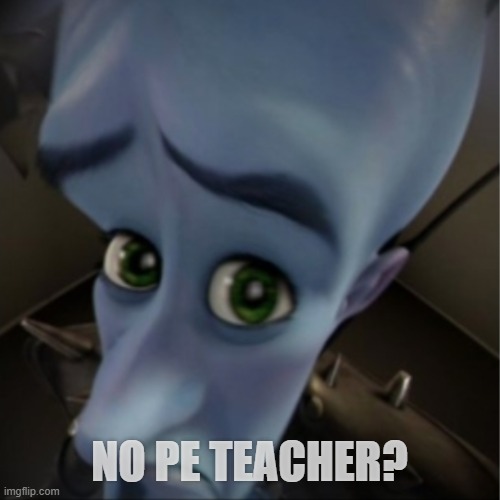 Megamind peeking | NO PE TEACHER? | image tagged in megamind peeking | made w/ Imgflip meme maker