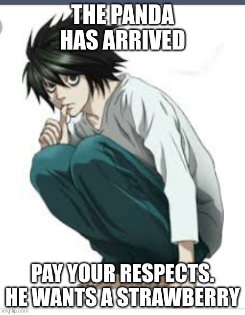 L lawliet | THE PANDA HAS ARRIVED; PAY YOUR RESPECTS. HE WANTS A STRAWBERRY | image tagged in l lawliet | made w/ Imgflip meme maker