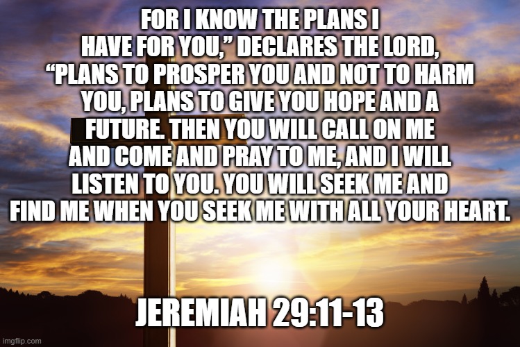 Bible Verse of the Day | FOR I KNOW THE PLANS I HAVE FOR YOU,” DECLARES THE LORD, “PLANS TO PROSPER YOU AND NOT TO HARM YOU, PLANS TO GIVE YOU HOPE AND A FUTURE. THEN YOU WILL CALL ON ME AND COME AND PRAY TO ME, AND I WILL LISTEN TO YOU. YOU WILL SEEK ME AND FIND ME WHEN YOU SEEK ME WITH ALL YOUR HEART. JEREMIAH 29:11-13 | image tagged in bible verse of the day | made w/ Imgflip meme maker