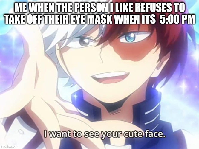 Todoroki I want to see your cute face | ME WHEN THE PERSON I LIKE REFUSES TO TAKE OFF THEIR EYE MASK WHEN ITS  5:00 PM | image tagged in todoroki i want to see your cute face | made w/ Imgflip meme maker