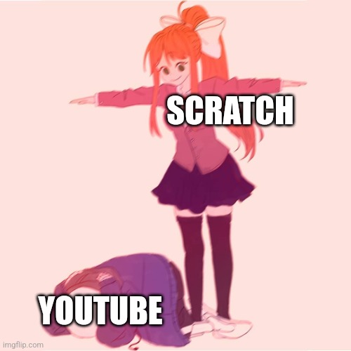 Scratch t-posing on Youtube | SCRATCH; YOUTUBE | image tagged in monika t-posing on sans | made w/ Imgflip meme maker