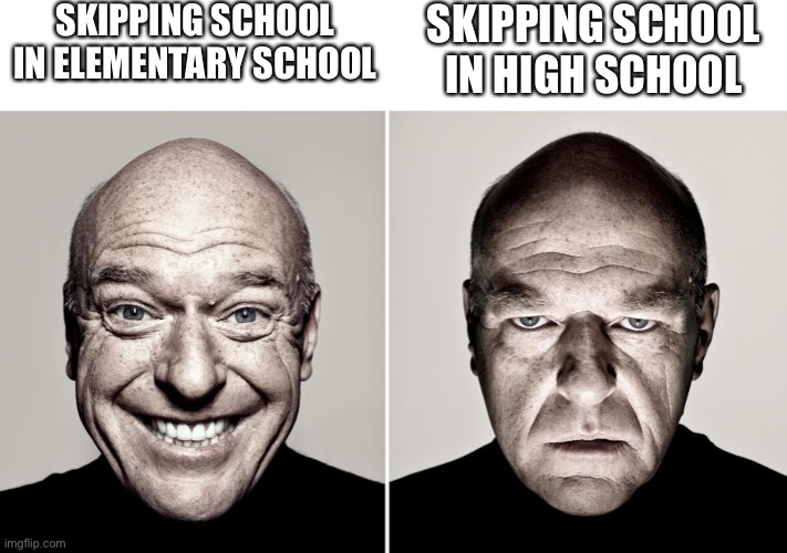 Dean Norris's reaction | SKIPPING SCHOOL IN ELEMENTARY SCHOOL; SKIPPING SCHOOL IN HIGH SCHOOL | image tagged in dean norris's reaction | made w/ Imgflip meme maker
