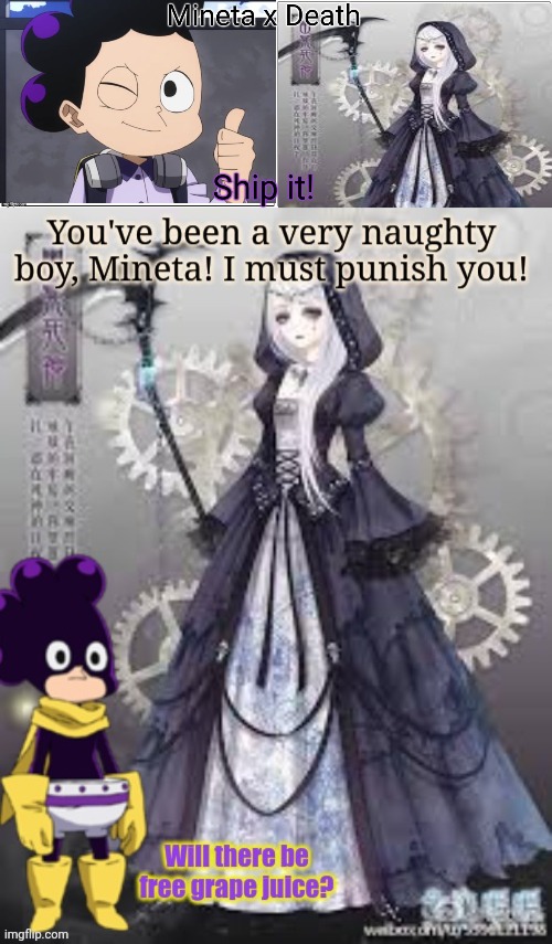 Mineta x Death | image tagged in mineta,death chan,grim reaper,anime girl,mha | made w/ Imgflip meme maker