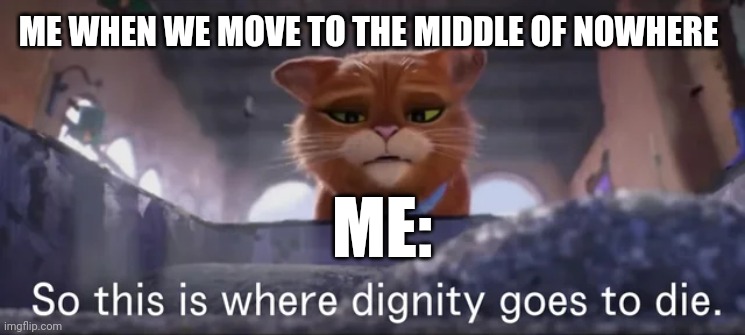 When you move to the middle of nowhere | ME WHEN WE MOVE TO THE MIDDLE OF NOWHERE; ME: | image tagged in so this is where dignity goes to die | made w/ Imgflip meme maker