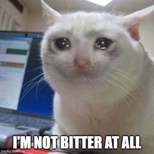 Crying cat | I'M NOT BITTER AT ALL | image tagged in crying cat | made w/ Imgflip meme maker
