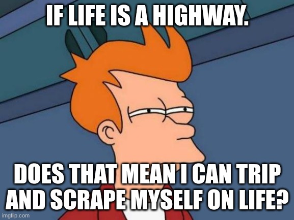 LIFE IS A HIGHWAY. AND I'M GONNA KEEP FALLING | IF LIFE IS A HIGHWAY. DOES THAT MEAN I CAN TRIP AND SCRAPE MYSELF ON LIFE? | image tagged in memes,futurama fry | made w/ Imgflip meme maker