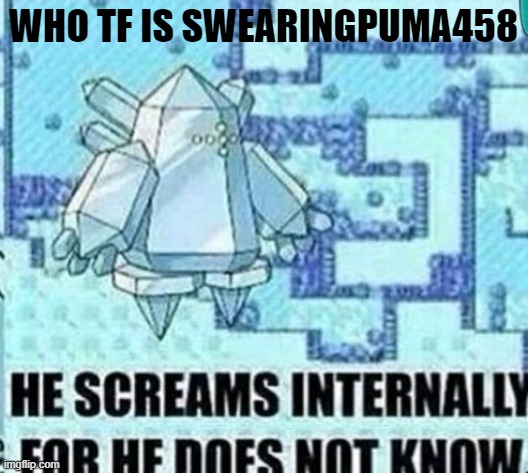 He screams internally for he does not know | WHO TF IS SWEARINGPUMA458 | image tagged in he screams internally for he does not know | made w/ Imgflip meme maker