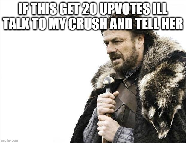 oh god imagine if it does get 20 | IF THIS GET 20 UPVOTES ILL TALK TO MY CRUSH AND TELL HER | image tagged in memes,brace yourselves x is coming,crush,talk,idk,lol | made w/ Imgflip meme maker