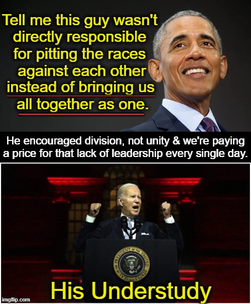The Past President Is Pulling The Strings On The Puppet POTUS Today | Tell me this guy wasn't 
directly responsible 
for pitting the races 
against each other; ___________________; instead of bringing us 
all together as one. _________; He encouraged division, not unity & we're paying
a price for that lack of leadership every single day. His Understudy | image tagged in politics,barack obama,joe biden,division,not unity,victimhood vs white privilege | made w/ Imgflip meme maker