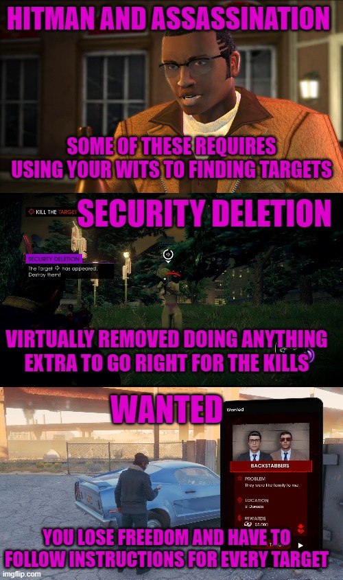 HITMAN AND ASSASSINATION; SOME OF THESE REQUIRES USING YOUR WITS TO FINDING TARGETS; SECURITY DELETION; VIRTUALLY REMOVED DOING ANYTHING EXTRA TO GO RIGHT FOR THE KILLS; WANTED; YOU LOSE FREEDOM AND HAVE TO FOLLOW INSTRUCTIONS FOR EVERY TARGET | image tagged in saints row,hitman,assassination,security deletion,wanted | made w/ Imgflip meme maker