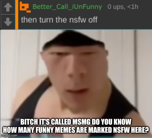 You know what that's it I'm blocking that son of a bitch | BITCH IT'S CALLED MSMG DO YOU KNOW HOW MANY FUNNY MEMES ARE MARKED NSFW HERE? | image tagged in random dude | made w/ Imgflip meme maker