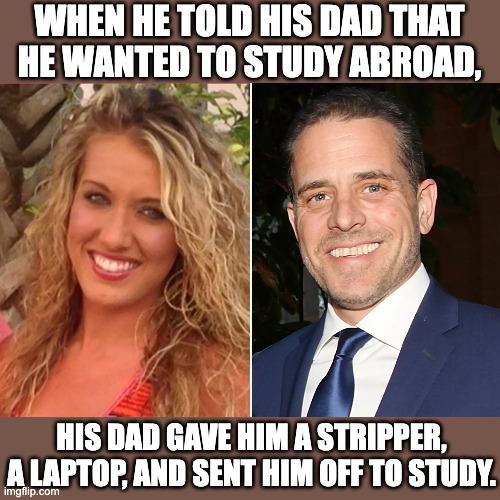 Biden | WHEN HE TOLD HIS DAD THAT HE WANTED TO STUDY ABROAD, HIS DAD GAVE HIM A STRIPPER, A LAPTOP, AND SENT HIM OFF TO STUDY. | image tagged in hunter biden | made w/ Imgflip meme maker