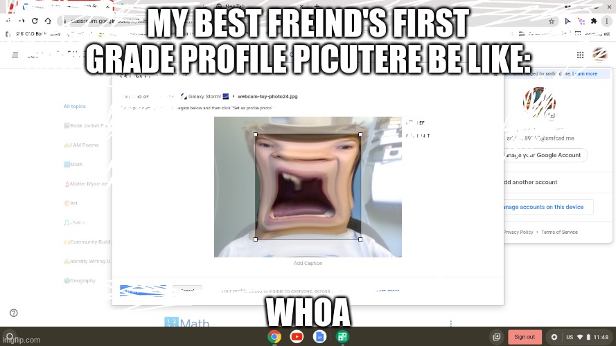 profile pics be like | MY BEST FREIND'S FIRST GRADE PROFILE PICUTERE BE LIKE:; WHOA | image tagged in profile picture | made w/ Imgflip meme maker