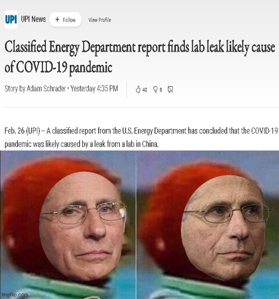 Fauci learns of the DOE report | image tagged in anthony fauci,covid-19,china virus,they lied to us,fauci monkey looking away,political humor | made w/ Imgflip meme maker