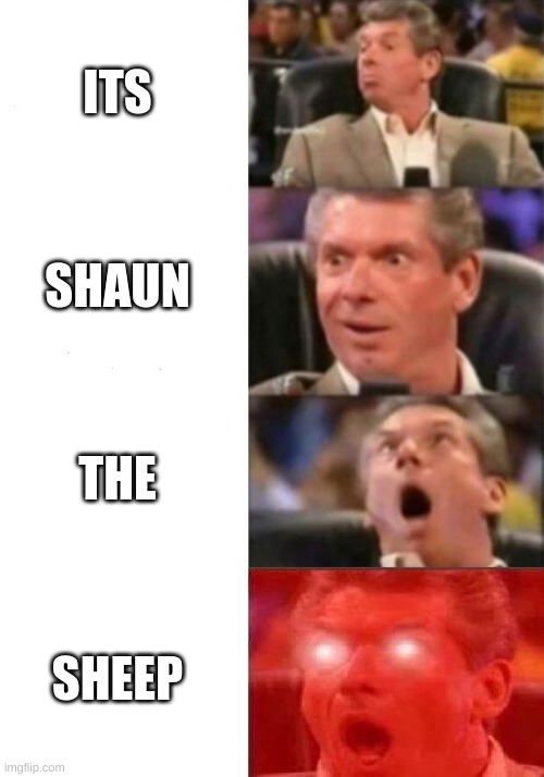 :| | ITS; SHAUN; THE; SHEEP | image tagged in mr mcmahon reaction | made w/ Imgflip meme maker