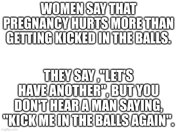 True | WOMEN SAY THAT PREGNANCY HURTS MORE THAN GETTING KICKED IN THE BALLS. THEY SAY ,"LET'S HAVE ANOTHER", BUT YOU DON'T HEAR A MAN SAYING, "KICK ME IN THE BALLS AGAIN". | image tagged in pregnancy,balls | made w/ Imgflip meme maker