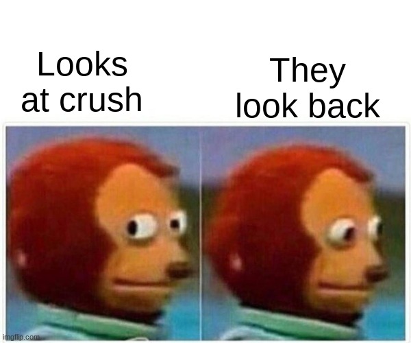 Monkey Puppet | They look back; Looks at crush | image tagged in memes,monkey puppet | made w/ Imgflip meme maker