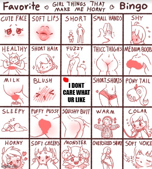 Favorite Girl Things that Make Me Horny Bingo | I DONT CARE WHAT UR LIKE | image tagged in favorite girl things that make me horny bingo | made w/ Imgflip meme maker