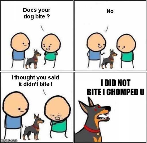 Does Your Dog Bite ? | I DID NOT BITE I CHOMPED U | image tagged in does your dog bite | made w/ Imgflip meme maker