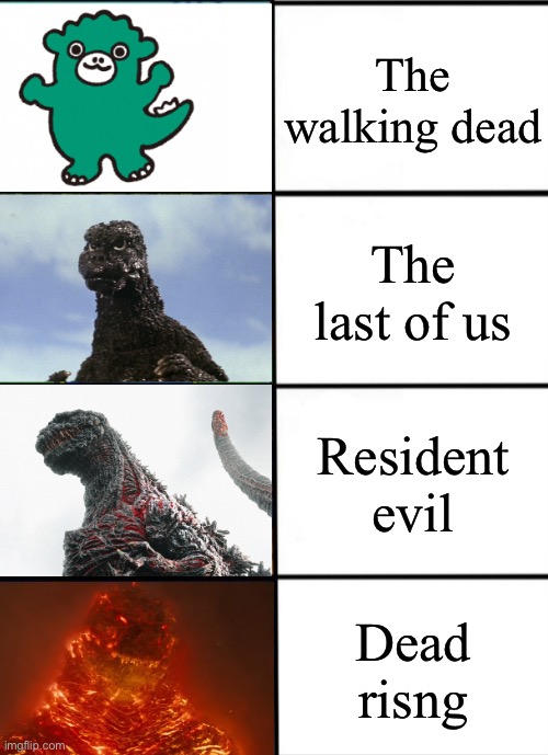 Zombie game lore | The walking dead; The last of us; Resident evil; Dead rising | image tagged in strength of godzilla 4-panel | made w/ Imgflip meme maker