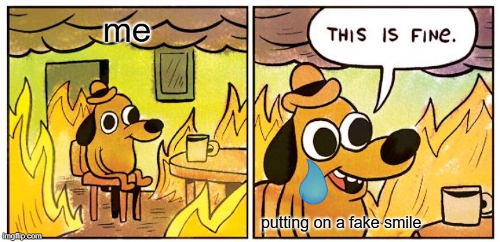 This Is Fine Meme | me; putting on a fake smile | image tagged in memes,this is fine | made w/ Imgflip meme maker