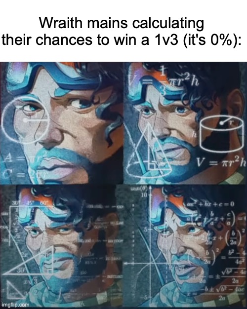 just wait for your teammates >:( | Wraith mains calculating their chances to win a 1v3 (it's 0%): | image tagged in mirage calculating | made w/ Imgflip meme maker