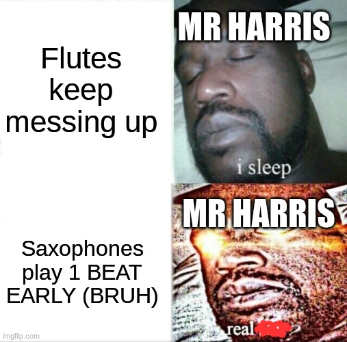 ITS TRUE | Flutes keep messing up; MR HARRIS; MR HARRIS; Saxophones play 1 BEAT EARLY (BRUH) | image tagged in memes,sleeping shaq | made w/ Imgflip meme maker