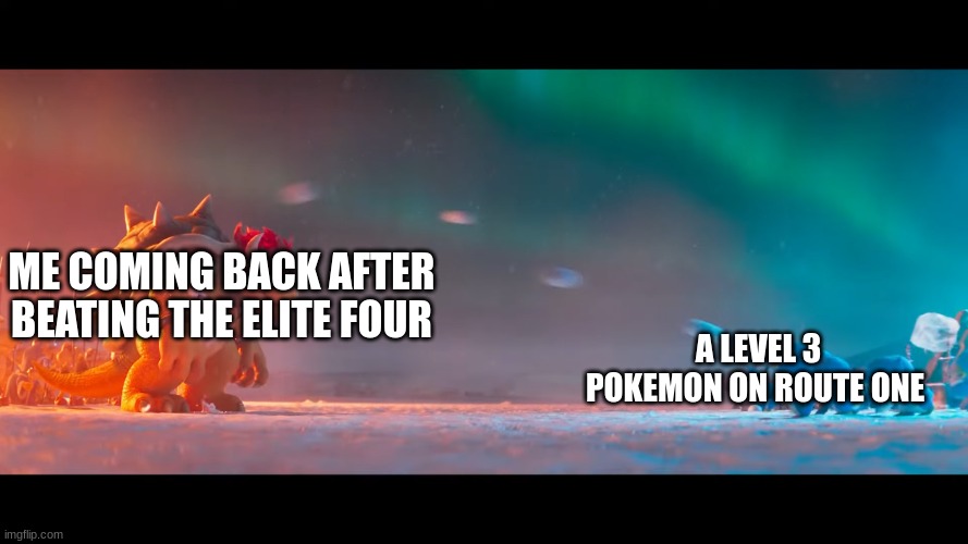 my avatar in pokemon games in a nutshell | ME COMING BACK AFTER BEATING THE ELITE FOUR; A LEVEL 3 POKEMON ON ROUTE ONE | image tagged in twitter vs bowser | made w/ Imgflip meme maker
