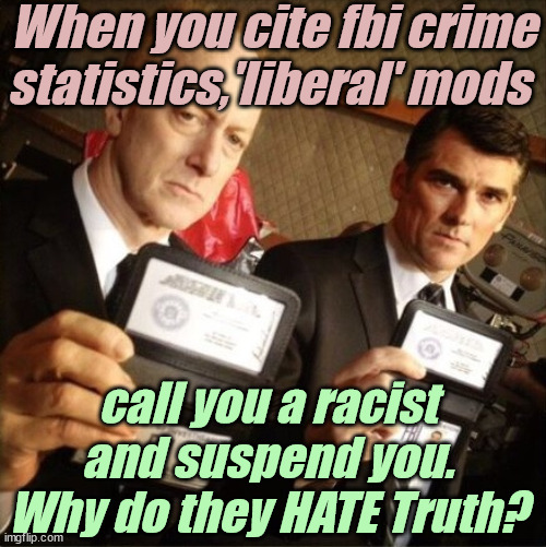 Why do 'liberals' hate Truth & the fbi? | When you cite fbi crime statistics,'liberal' mods; call you a racist and suspend you. Why do they HATE Truth? | image tagged in liberals,democrats,lgbtq,blm,antifa,criminals | made w/ Imgflip meme maker