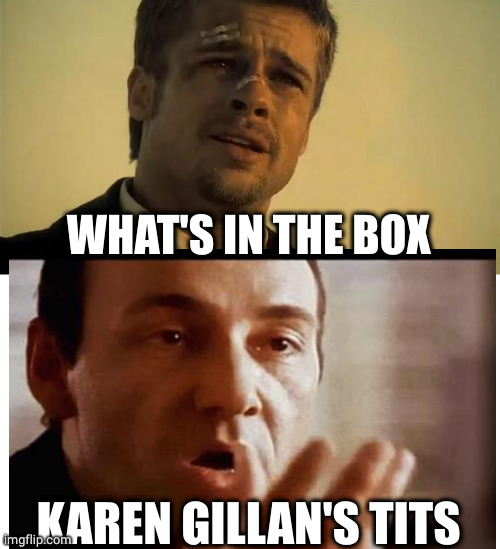 KAREN GILLAN'S TITS WHAT'S IN THE BOX | image tagged in what's in the box | made w/ Imgflip meme maker