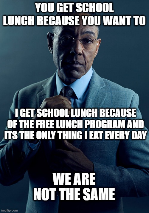 Gus Fring we are not the same | YOU GET SCHOOL LUNCH BECAUSE YOU WANT TO; I GET SCHOOL LUNCH BECAUSE OF THE FREE LUNCH PROGRAM AND ITS THE ONLY THING I EAT EVERY DAY; WE ARE NOT THE SAME | image tagged in gus fring we are not the same | made w/ Imgflip meme maker