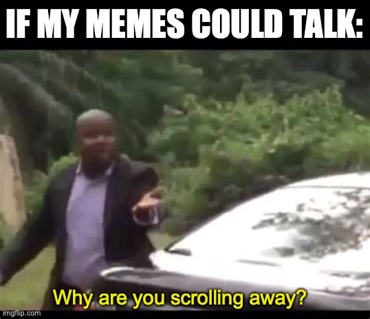 :( | IF MY MEMES COULD TALK:; Why are you scrolling away? | image tagged in why are you running,memes,funny,imgflip | made w/ Imgflip meme maker