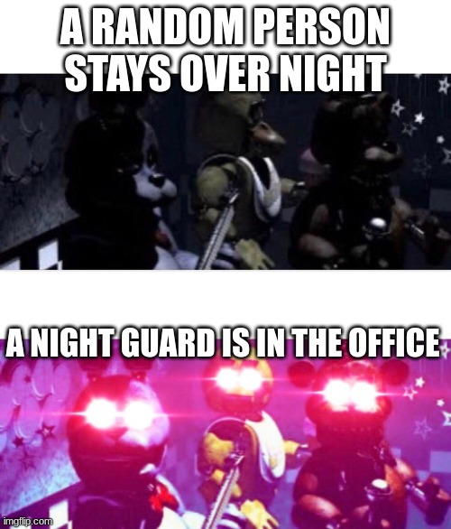 FNaF Death Eyes | A RANDOM PERSON STAYS OVER NIGHT; A NIGHT GUARD IS IN THE OFFICE | image tagged in fnaf death eyes | made w/ Imgflip meme maker