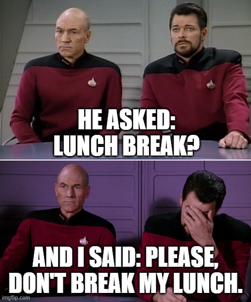 Picard Riker listening to a pun | HE ASKED: LUNCH BREAK? AND I SAID: PLEASE, DON'T BREAK MY LUNCH. | image tagged in picard riker listening to a pun | made w/ Imgflip meme maker