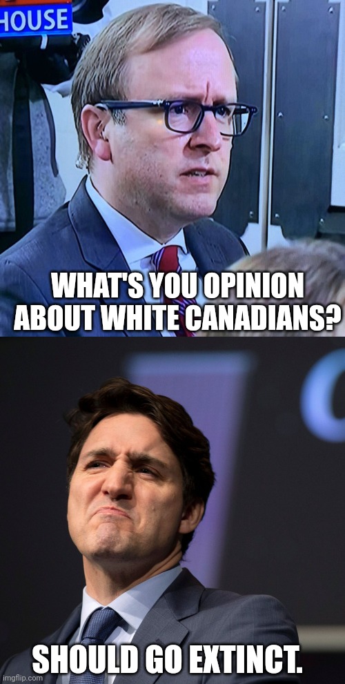 WHAT'S YOU OPINION ABOUT WHITE CANADIANS? SHOULD GO EXTINCT. | image tagged in fake news - journalist with an earpiece,justine trudeau scowl | made w/ Imgflip meme maker