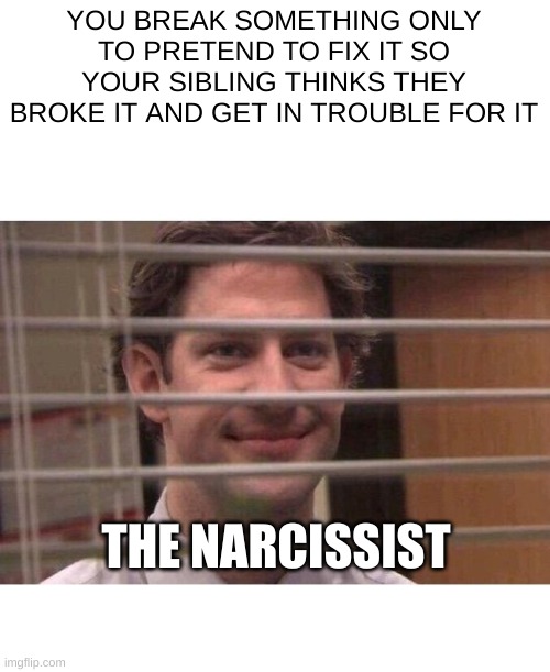 It's so true | YOU BREAK SOMETHING ONLY TO PRETEND TO FIX IT SO YOUR SIBLING THINKS THEY BROKE IT AND GET IN TROUBLE FOR IT; THE NARCISSIST | image tagged in jim office blinds | made w/ Imgflip meme maker