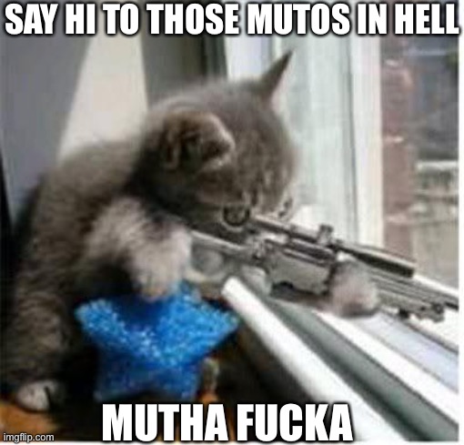 cats with guns | SAY HI TO THOSE MUTOS IN HELL MUTHA FUCKA | image tagged in cats with guns | made w/ Imgflip meme maker