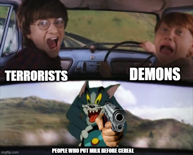 Tom chasing Harry and Ron Weasly | DEMONS; TERRORISTS; PEOPLE WHO PUT MILK BEFORE CEREAL | image tagged in tom chasing harry and ron weasly | made w/ Imgflip meme maker