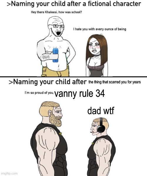 idk | the thing that scarred you for years; vanny rule 34; dad wtf | image tagged in naming your child after,fnaf,rule 34 | made w/ Imgflip meme maker