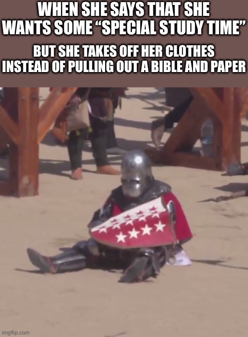 *sad crusader noises* | WHEN SHE SAYS THAT SHE WANTS SOME “SPECIAL STUDY TIME”; BUT SHE TAKES OFF HER CLOTHES INSTEAD OF PULLING OUT A BIBLE AND PAPER | image tagged in sad crusader noises,crusader,holy,bible | made w/ Imgflip meme maker