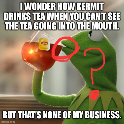 But That's None Of My Business | I WONDER HOW KERMIT DRINKS TEA WHEN YOU CAN’T SEE THE TEA GOING INTO THE MOUTH. BUT THAT’S NONE OF MY BUSINESS. | image tagged in memes,but that's none of my business,kermit the frog | made w/ Imgflip meme maker