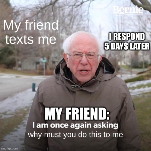 Me everyday | My friend texts me; I RESPOND 5 DAYS LATER; MY FRIEND:; why must you do this to me | image tagged in memes,bernie i am once again asking for your support | made w/ Imgflip meme maker