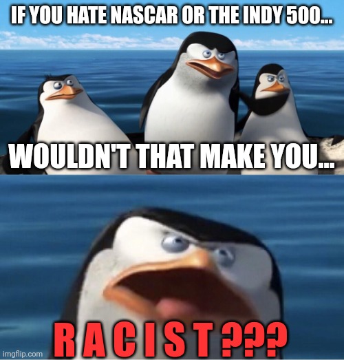 raceism | IF YOU HATE NASCAR OR THE INDY 500... WOULDN'T THAT MAKE YOU... R A C I S T ??? | image tagged in wouldn't that make you | made w/ Imgflip meme maker