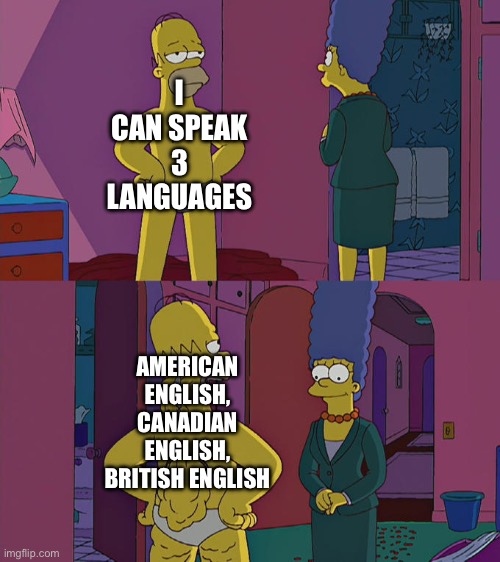 Technically True B) | I CAN SPEAK 3 LANGUAGES; AMERICAN ENGLISH, CANADIAN ENGLISH, BRITISH ENGLISH | image tagged in homer simpson's back fat | made w/ Imgflip meme maker