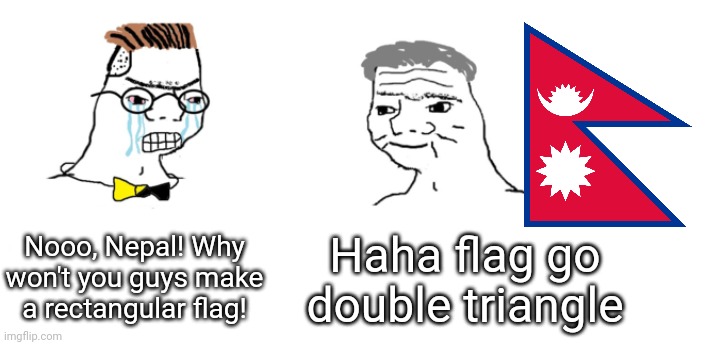 What's the length of this flag? | Nooo, Nepal! Why won't you guys make a rectangular flag! Haha flag go double triangle | image tagged in nooo haha go brrr,memes,nepal,funny,flag | made w/ Imgflip meme maker