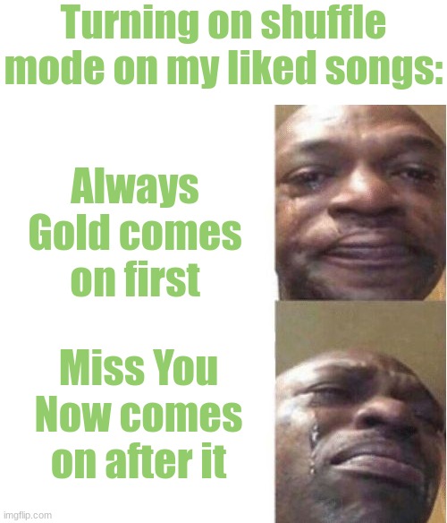 T-T | Turning on shuffle mode on my liked songs:; Always Gold comes on first; Miss You Now comes on after it | image tagged in black guy crying | made w/ Imgflip meme maker