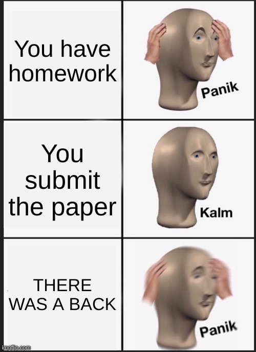 NOOOOOO | You have homework; You submit the paper; THERE WAS A BACK | image tagged in memes,panik kalm panik | made w/ Imgflip meme maker