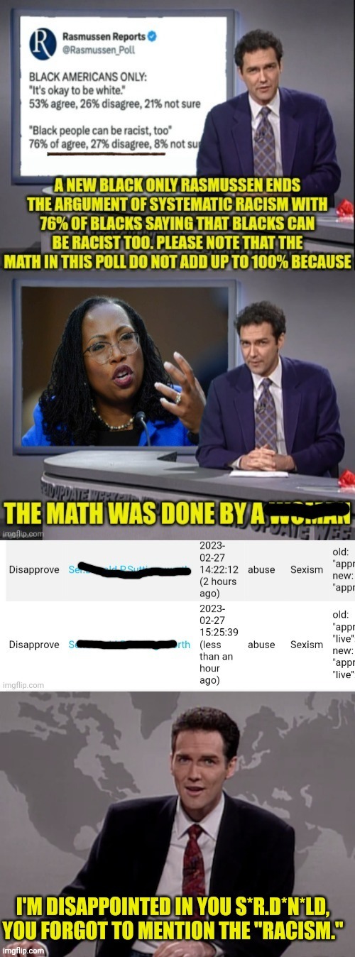 Forbidden! | image tagged in weekend update with norm,racism,sexism,idiot,mod | made w/ Imgflip meme maker