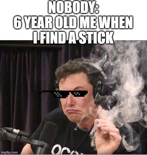 SMOKIN | NOBODY:
6 YEAR OLD ME WHEN I FIND A STICK | image tagged in elon musk smoking a joint | made w/ Imgflip meme maker